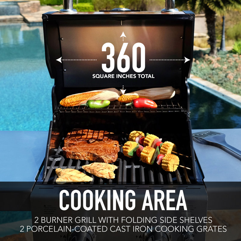 Permasteel 2Burner Compact Propane Gas Grill with Foldable Side Tables